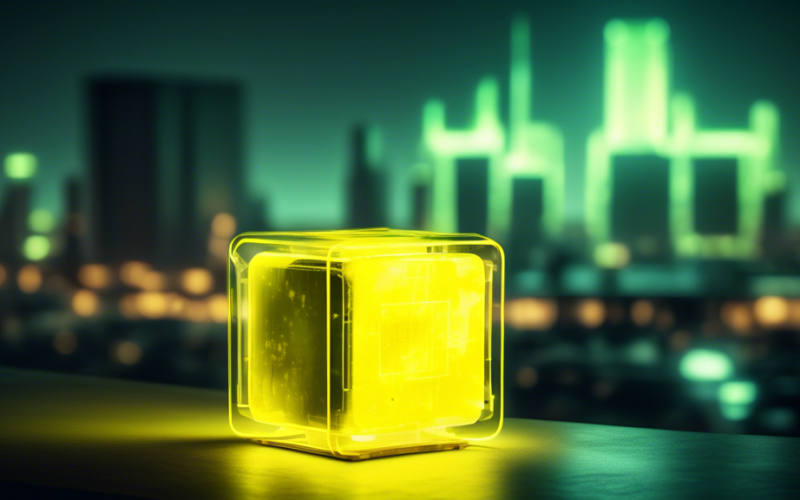 A yellow uranium cube glowing with radioactive energy, powering a futuristic city in the background