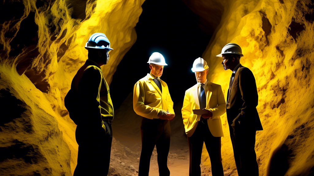 A group of investors in suits and hard hats examining a glowing yellow rock formation inside of a mine shaft lit by headlamps