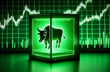A glowing green cube of uranium with the engraved letters USA sitting in front of a bull stock market graph