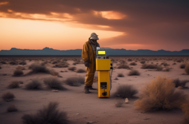 A lone uranium prospector with a Geiger counter exploring a desolate landscape at sunset