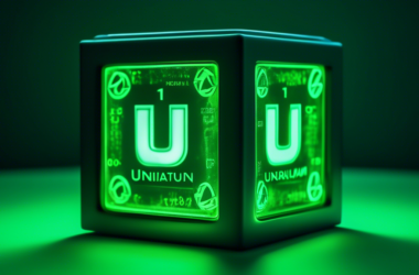 A uranium cube glowing green with the ticker symbols of uranium ETFs surrounding it