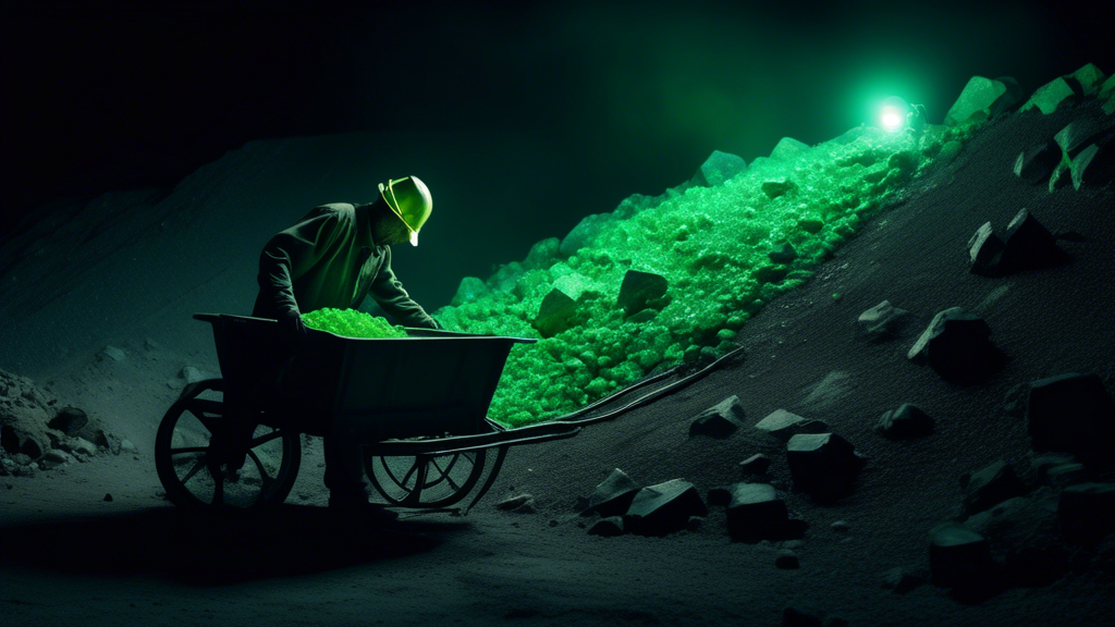 A solitary uranium miner pushing a cart full of glowing green rocks out of a dark mine
