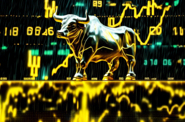 A bull with glowing yellow horns made of uranium next to a stock ticker that is going up.