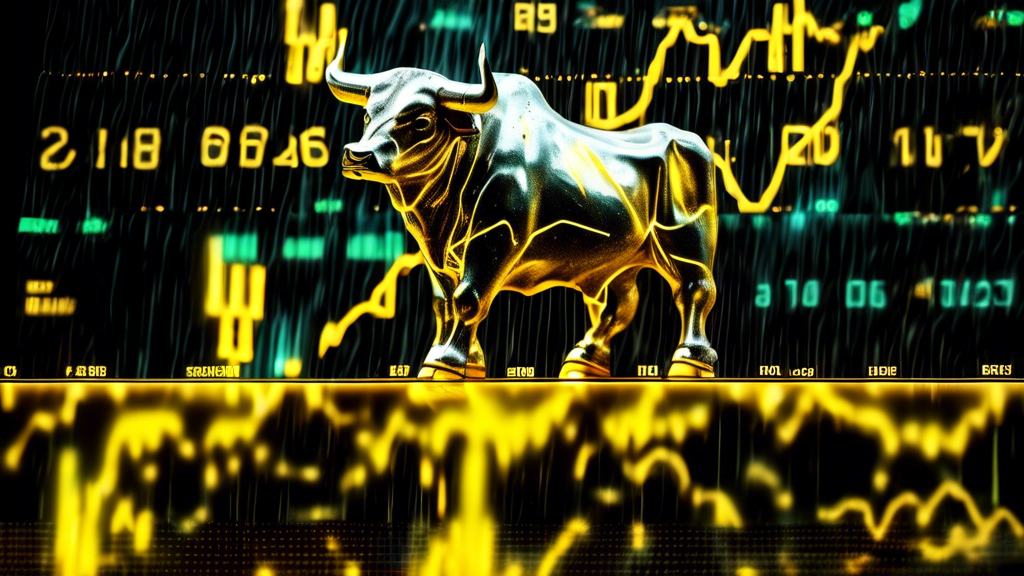 A bull with glowing yellow horns made of uranium next to a stock ticker that is going up.