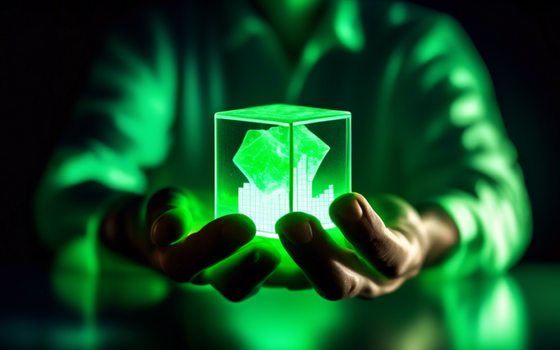 A glowing green uranium cube held in a person's hands with stock market charts in the background