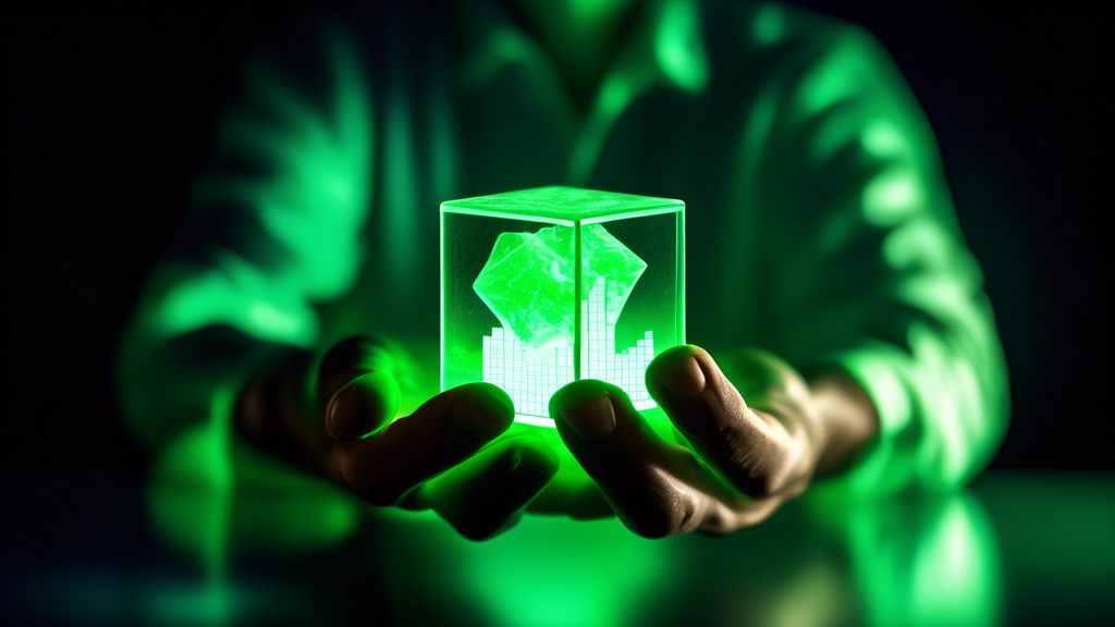 A glowing green uranium cube held in a person's hands with stock market charts in the background