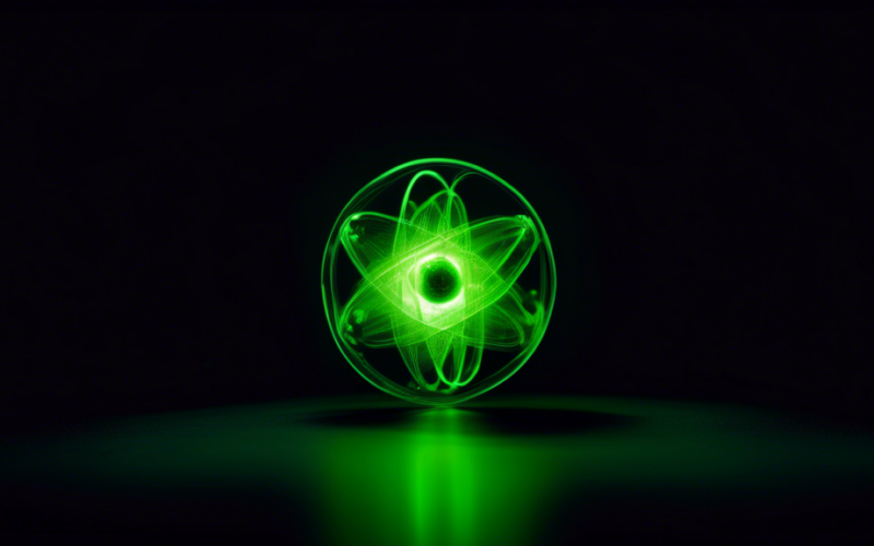 A lone uranium atom, glowing green, against a black background.