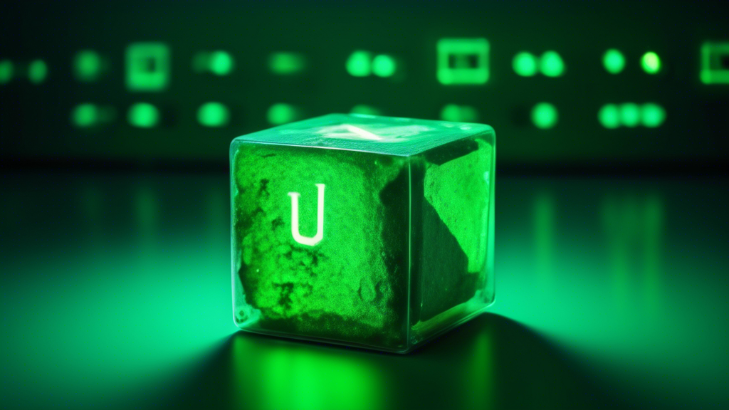 A glowing green cube of uranium ore with a stock ticker arrow pointing up