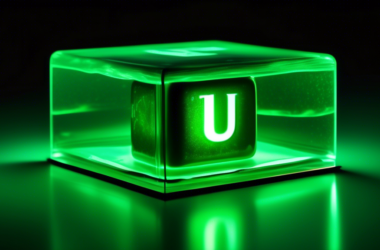 A glowing green cube of uranium with a stock ticker symbol on its side