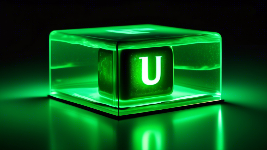 A glowing green cube of uranium with a stock ticker symbol on its side