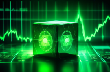 A glowing green uranium cube emitting radioactive waves, set against a backdrop of stock market charts and financial data.