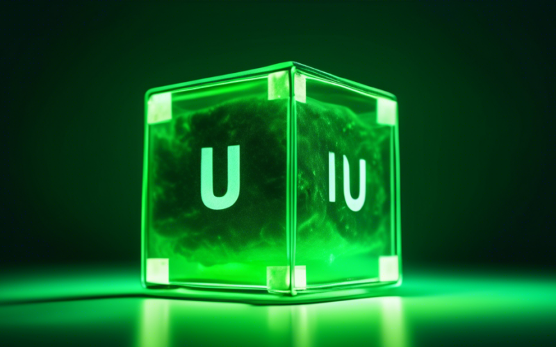 A glowing green cube of uranium with a stock ticker arrow pointing up