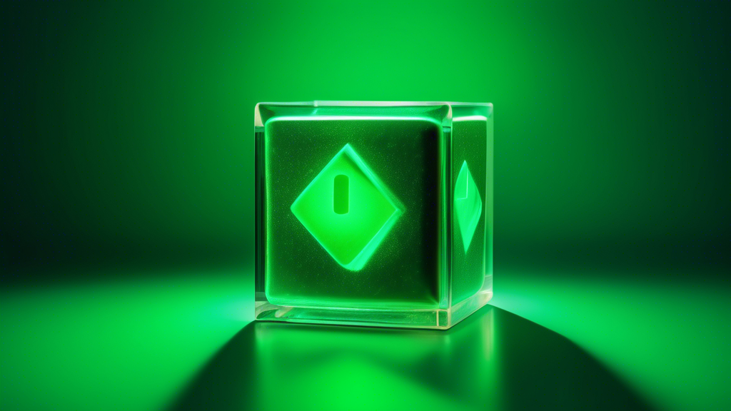 A glowing green cube of uranium with a stock ticker arrow pointing up