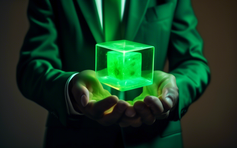 A glowing green uranium cube held in a person's hand wearing a business suit