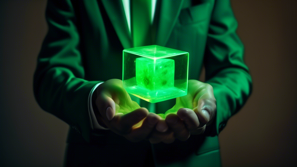 A glowing green uranium cube held in a person's hand wearing a business suit
