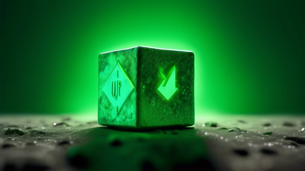A glowing green cube of uranium ore with a stock ticker arrow pointing up