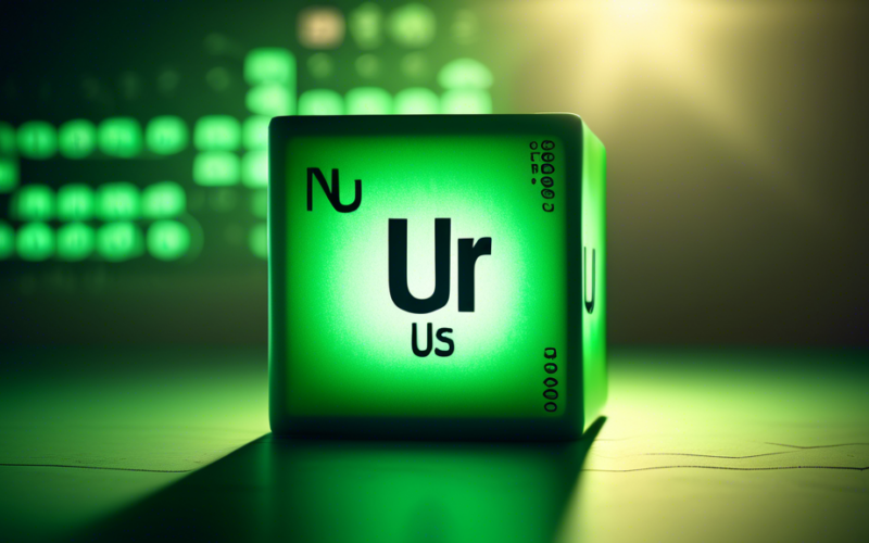 A glowing green cube of uranium with the periodic table symbol U on its face, hovering above a graph that shows a dramatic increase in value