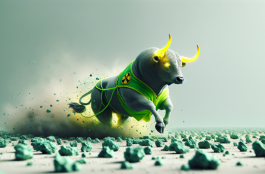 A bull with glowing yellow horns, wearing a green vest, running through a field of uranium ore.