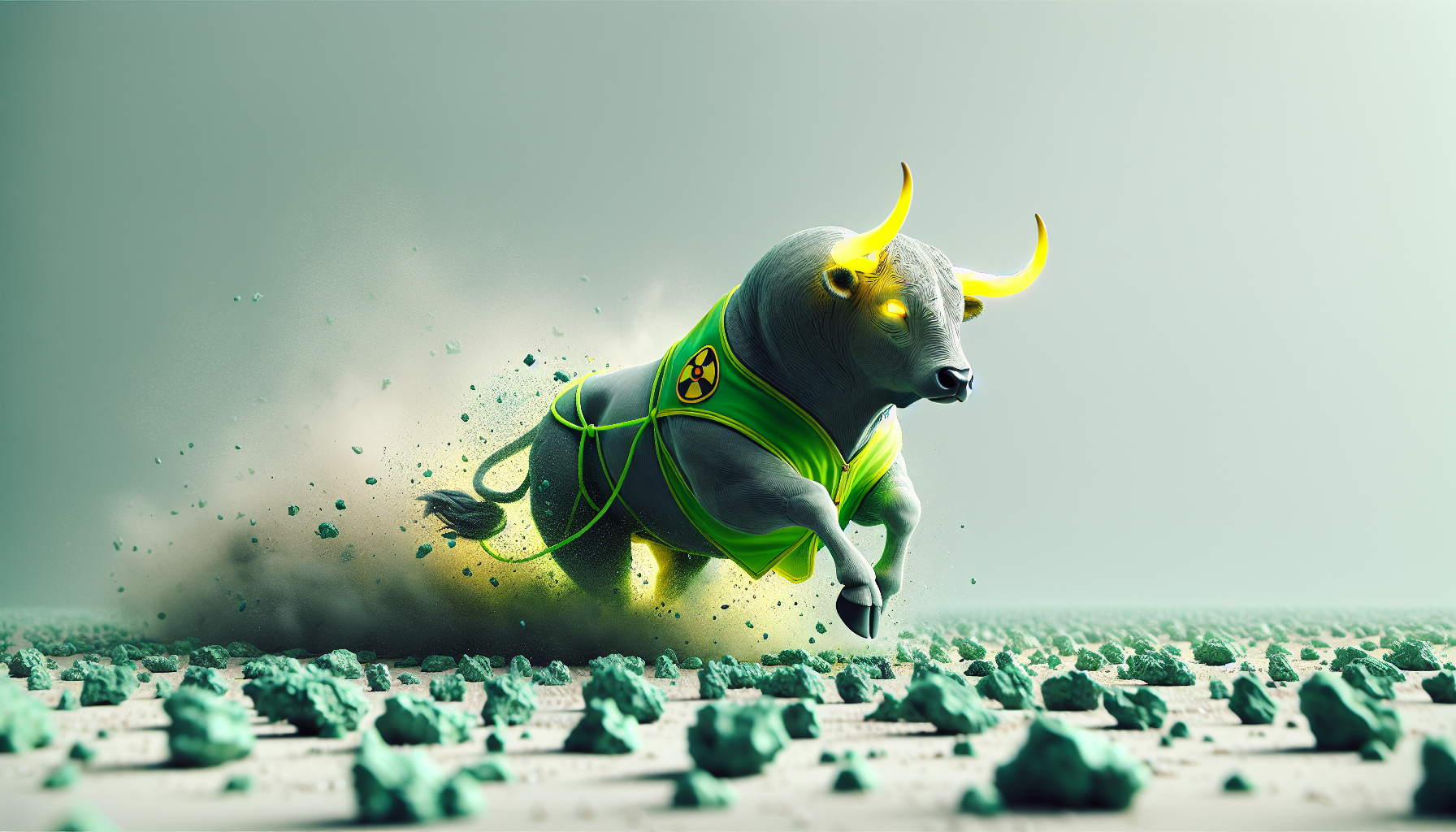 A bull with glowing yellow horns, wearing a green vest, running through a field of uranium ore.
