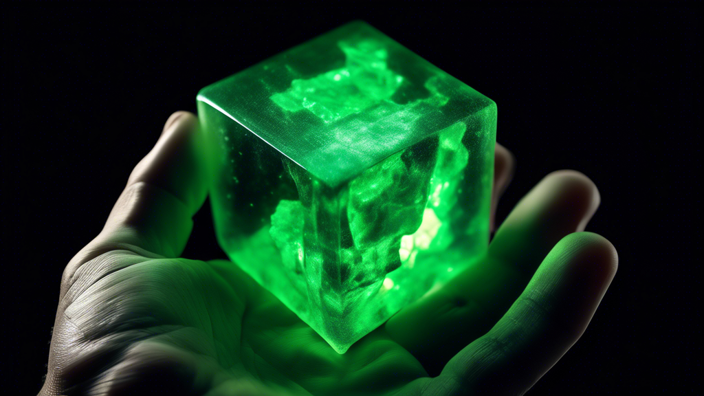 A glowing green uranium cube held in a hand with a dark background