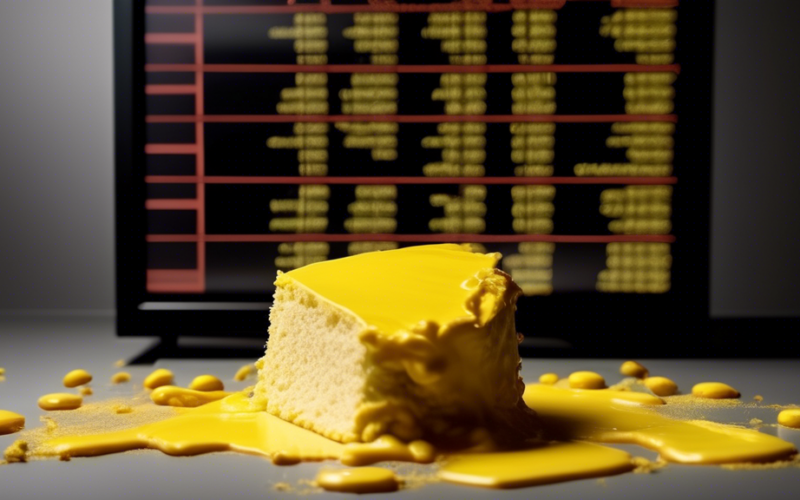 A stock ticker plummeting down with yellowcake spilling out of it.