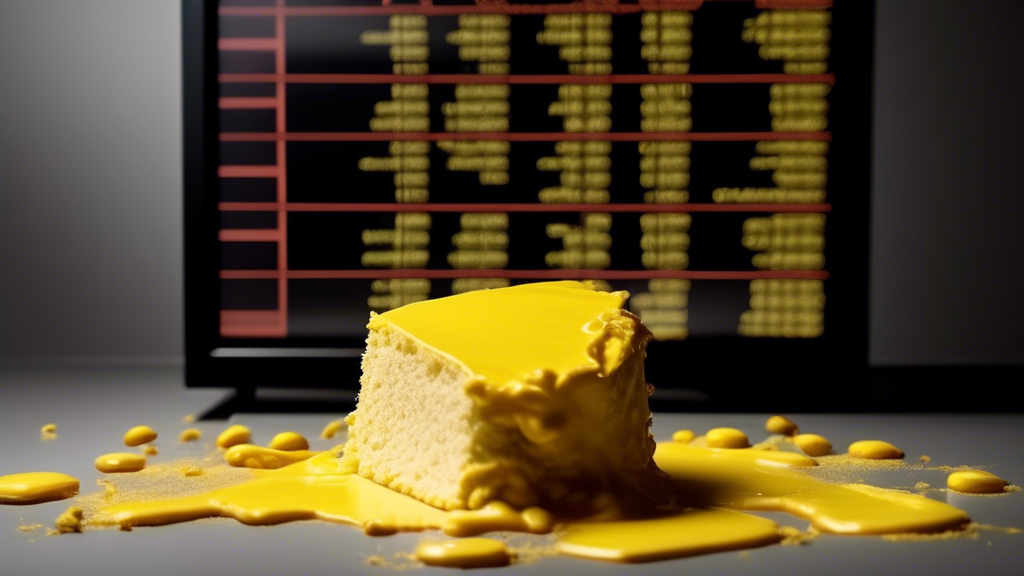 A stock ticker plummeting down with yellowcake spilling out of it.