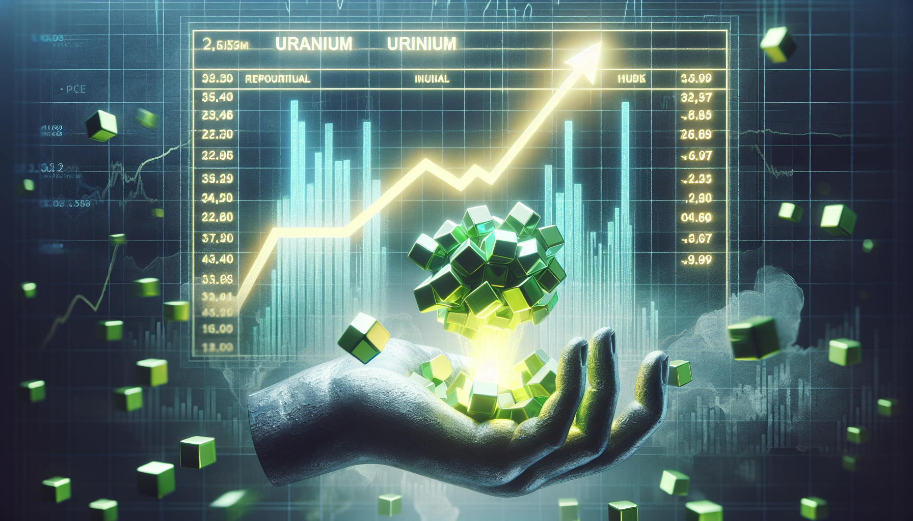 A stock ticker displaying uranium prices skyrocketing upwards, surrounded by glowing green uranium cubes.