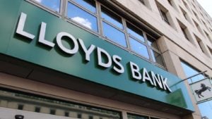Lloyds Bank (LYG) sign on city building