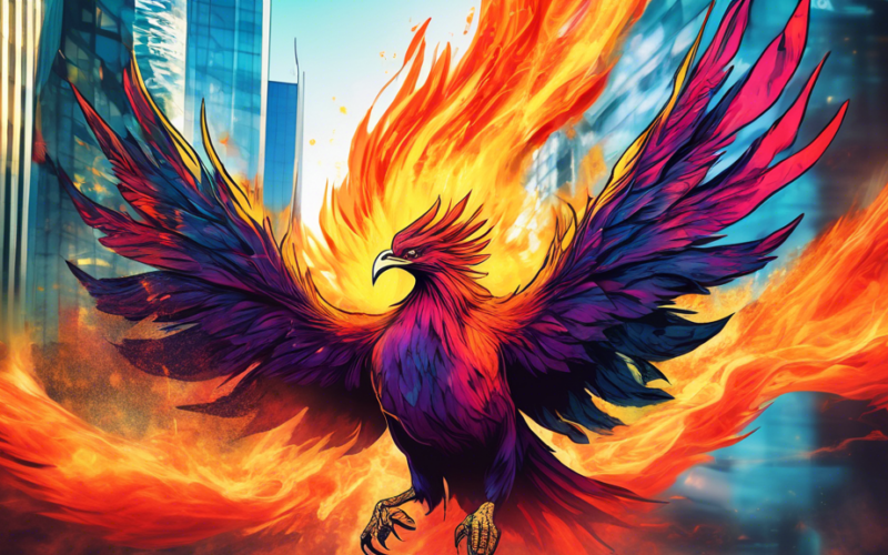 A phoenix rising from the ashes of a stock market crash with the Toronto Stock Exchange (TSX) logo in the background.