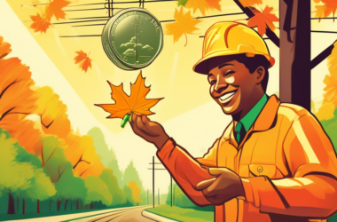 A golden maple leaf coin dropping dividends into a smiling Canadian utility worker's hand, surrounded by lush green trees and power lines.