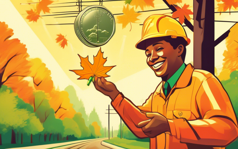 A golden maple leaf coin dropping dividends into a smiling Canadian utility worker's hand, surrounded by lush green trees and power lines.