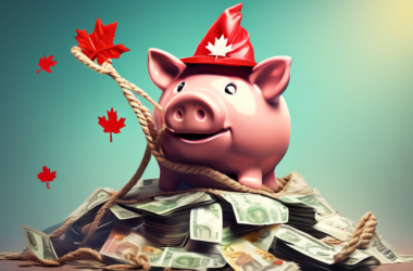 A piggy bank wearing a maple leaf hat, standing on a pile of Canadian money, using a rope to pull down a credit card debt monster.