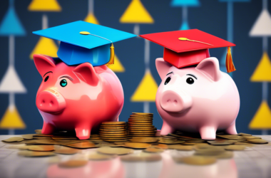 Two piggy banks wearing graduation caps, sitting on a pile of coins with stock charts and a downward trend arrow in the background.