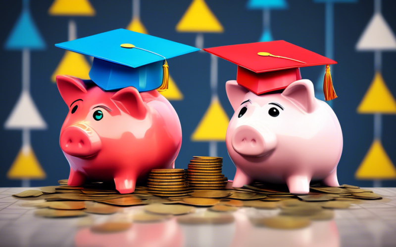 Two piggy banks wearing graduation caps, sitting on a pile of coins with stock charts and a downward trend arrow in the background.
