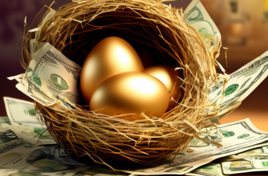 Three golden eggs with dollar signs on them, nestled in a nest overflowing with cash, with a calendar page in the background showing the month and paid stamped multiple times across it.