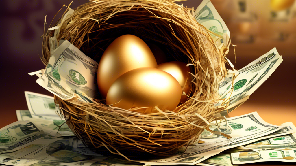Three golden eggs with dollar signs on them, nestled in a nest overflowing with cash, with a calendar page in the background showing the month and paid stamped multiple times across it.