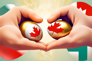 Two hands holding Canadian flags, forming a heart shape around a golden egg nestled in a TFSA account statement showing growth.