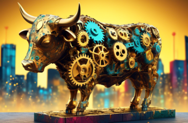 A bull statue made of gears and cogs with glowing cracks filled with gold, set against a backdrop of a cityscape with decreasing bar graphs.