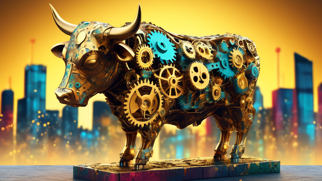 A bull statue made of gears and cogs with glowing cracks filled with gold, set against a backdrop of a cityscape with decreasing bar graphs.