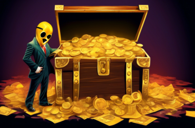 A glistening stock certificate rising out of a treasure chest overflowing with gold coins, with a shadowy figure wearing a question mark mask peering over the edge.