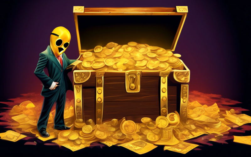 A glistening stock certificate rising out of a treasure chest overflowing with gold coins, with a shadowy figure wearing a question mark mask peering over the edge.