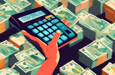 A hand holding a calculator with $500 on the display, surrounded by stacks of dollar bills with dividend symbols and graphs projecting upwards.