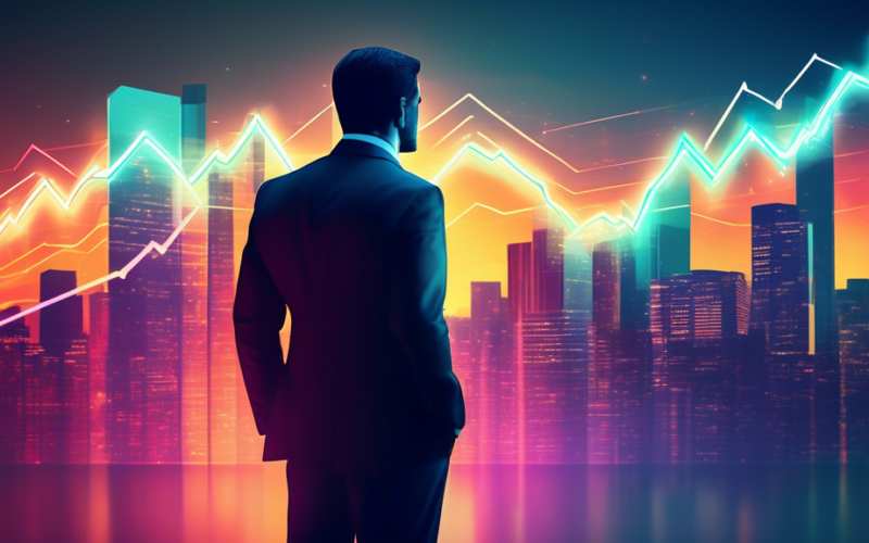 A businessman in a suit looking contemplatively at a glowing, upward-trending stock chart superimposed over a cityscape.