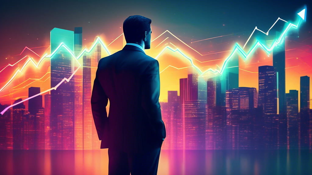 A businessman in a suit looking contemplatively at a glowing, upward-trending stock chart superimposed over a cityscape.