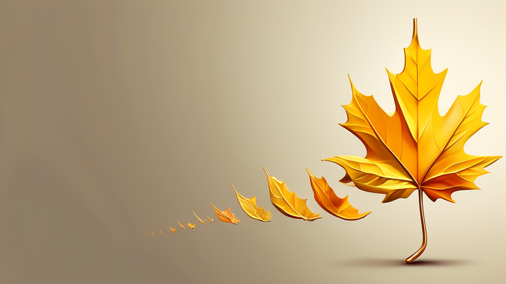 A golden maple leaf with three stocks growing upwards and seven wilting stocks below it.