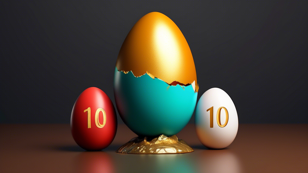 A cracked golden egg with a high yield percentage sign on it, next to two regular eggs with upward arrows symbolizing growth.