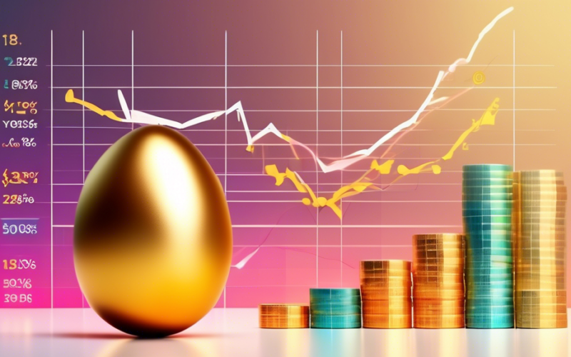A golden egg with a stock chart projected on it, subtly increasing, with a 5.7% yield label and a hand reaching to invest more coins into it.
