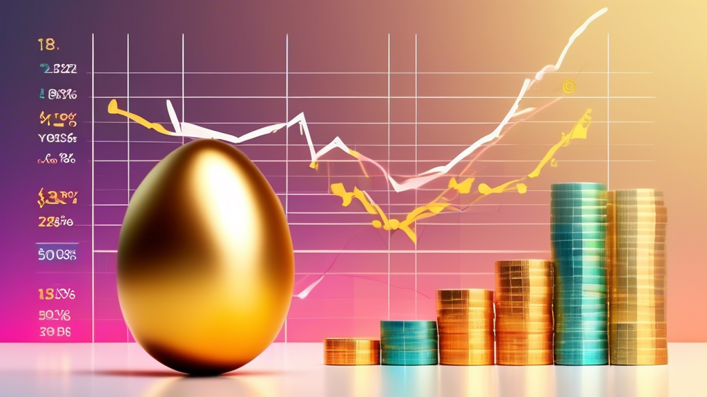 A golden egg with a stock chart projected on it, subtly increasing, with a 5.7% yield label and a hand reaching to invest more coins into it.