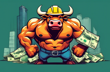 A muscular bull wearing a hardhat, toolbelt overflowing with cash, holding a skyscraper in one hand and a giant percentage yield sign in the other.
