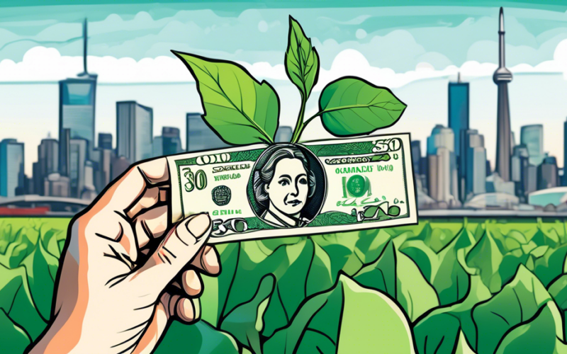 A hand holding a Canadian $30 bill with three green sprouts growing out of it, set against a backdrop of the Toronto skyline.